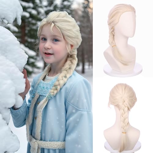 DUDUWIG Girls Blonde Braided Ponytail Wig Kids Long Platinum Blonde Wig for Cosplay Heat Resistant Synthetic Wig with Wig Cap