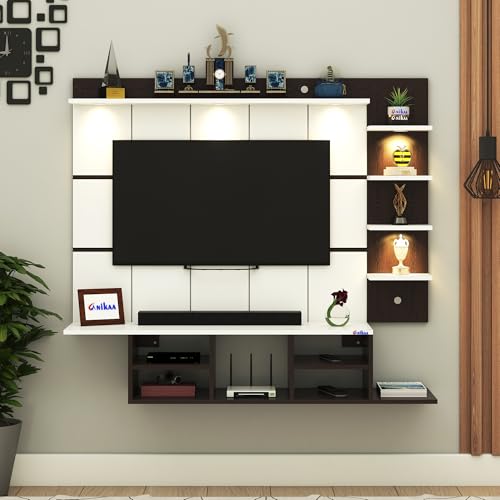Image of Anikaa Charley Engineered Wood Wall Mount Striped PVC Back Panel TV Unit with Spot LED Lights | TV Cabinet with Open Storage Box (Wenge /White) | Ideal for UP to 43 Inch TVs - DIY Installation