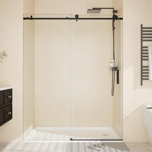 Image of Frameless Sliding Shower Door,44-48 in w x 76 in h Waterproof Glass Shower Door,1 /4 in Thick Tempered Clear Glass with Explosion-Proof Film,Handle and Seal Strip, Matte Black