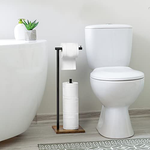 Toilet Paper Holder Stand With Shelf Wood Freestanding Tissue Paper Roll Holder Farmhouse Toilet Paper Standing For Bathroom, Rustic Brown #TOP3