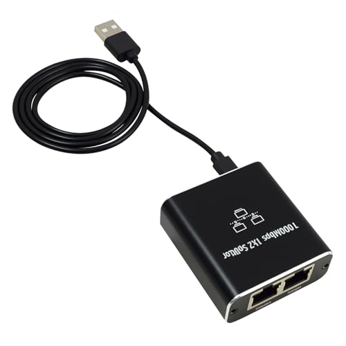 Divisor LAN 1 a 2 con Cable de Carga Ethernet, Conmutador LAN Gigabit de 2 Puertos RJ45 de 1000 Mbps con Cable de Alimentación Tipo C, Distribuidor para Ordenador, Concentrador, Conmutador, Enrutador