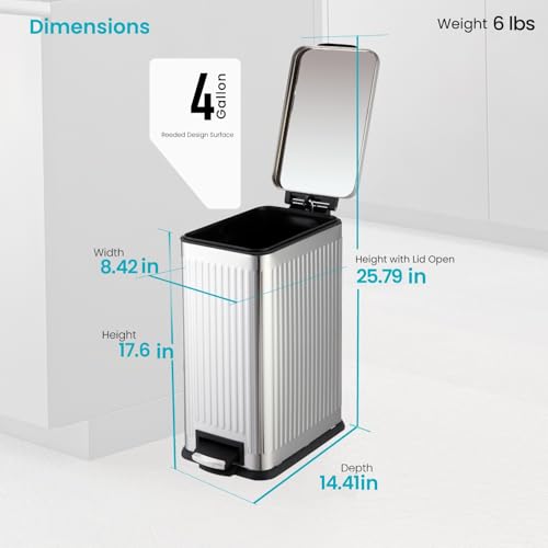 Image of Home Zone Living 4 Gallon Kitchen Trash Can with Slim Fit Design | Stainless Steel with Soft-Close Step Pedal Lid, Bag Tuck Band for Easier Bag Changes, Rectangular Shape, Reeded Style, Silver