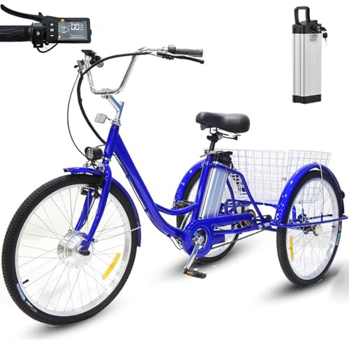 ZZwansuGE Triciclo EléCtrico para Adultos De 24″, De 3 Ruedas Y NeumáTicos Anchos, con BateríA ExtraíBle De 36V 12Ah (AutonomíA: 35 Km), Capacidad De Carga De 150 Kg, con Pantalla LCD Y Cesta Blue