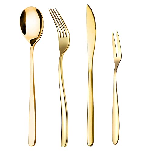 Image of aDai Set of 4 Luxury Gold Cutlery Set - Daily Use Stainless Steel Mirror Finish - 1 Dinner Spoon, 1 Fork, 1 Steak Knife & 1 Fruit Fork for Home, Restaurant & Gifting