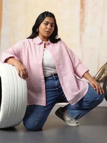 Image of HIGH Star Oversized Striped Cotton Shirt for Women | Stylish Tops for Women | Comfortable and Trendy Casual Shirt