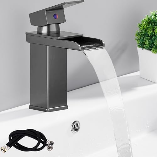 Robinet cascade de salle de bain gris gunmetal, mitigeur de lavabo en acier inoxydable, robinet d'eau chaude et froide, mitigeur moderne à levier unique pour...