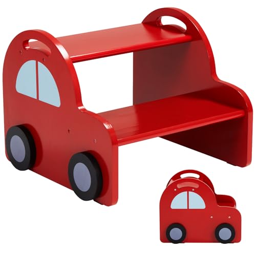 Wooden 2 Step Stool for Toddlers|Red Car Kids Stool with Handle and Non-Slip Sticker,Safety Bathroom Sink Stepstool for Boys & Girls,Children Foot Stool for Kitchen, Bedroom,and Toilet Training