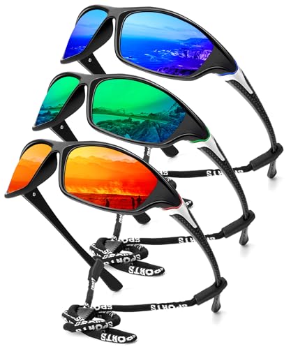 KALIYADI Sports Polarized Sunglasses Men UV400 Protection for Fishing Driving Cycling, Green/Blue/Red, 3 Pack
