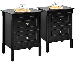 Yaheetech Black Bedside Tables Set of 2, Wooden Bedside Cabinets with 2 Drawers, Nightstands with Metal Handles & Smooth Drawer Slides for Bedroom, Living Room & Office Use