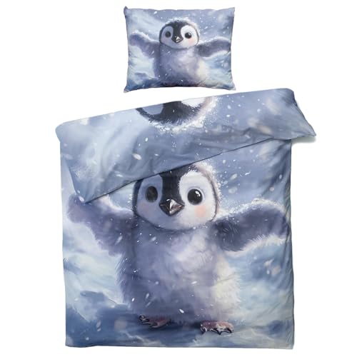 MOBEITI Housse de Couette 140x200 Pingouin, Parure de Lit 1 Personne, Motif Mignon, 100% Microfibre, 1 Taie d'oreiller 65x65, avec Fermeture Éclair -MO&286