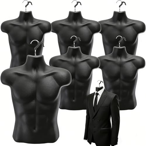 Noamus 6 Pack Male Mannequin Torso Shapely Dress Form with Hanging Hook T-Shirt Display Hollow Back Body Shatterproof Rounded Waist Mold for Craft Shows Photos Design Clothing Sewing Black