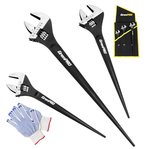 GRENPRO 4-Piece Adjustable Spud Wrench Set with Gloves 10 12 16 Large Plumbers Wrenches sets for Crowbar Pipe Fitting Pipefitter Construction Tools SAE/Metric Scales CR-V Black Oxide