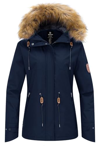 Wantdo Chaqueta de Montaña de Senderismo Abrigo de Invierno Aislada con Vellón Chaqueta Capucha con Pelo a Prueba de Viento Parka Snowboard de Esquí Exteriores para Mujer Azul Noche Small