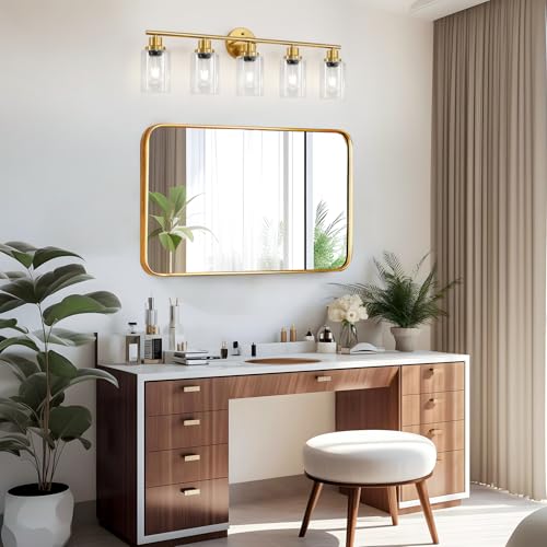Image of 5-Light Bathroom Vanity Lights, E26 Modern Brushed Gold Bathroom Light Fixtures with Clear Glass Shade, Mirror Kitchen Hallway Cabinet Living Room Sconces Wall Lights