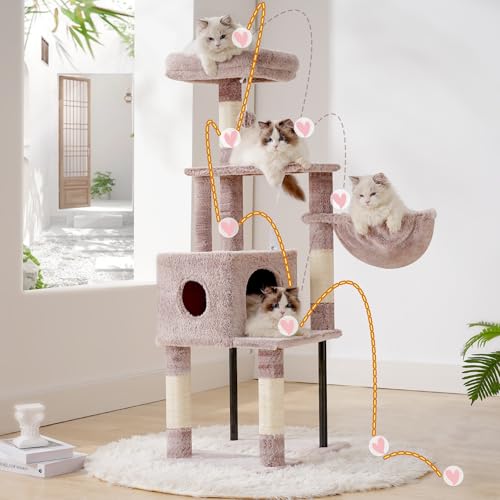Image of Heybly Cat Tree with Toy, 49.2 inch Cat Tower for Indoor Cats HCT200SMU | Spacious Cat House Condo with Hidden Space,Soft Plush Top Perch,Cozy Hammock and Sisal Scratching Posts, Rosy Brown