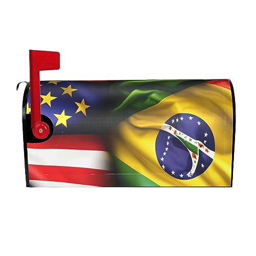KAABNNT American and Brazilian Flags Print Decorative Magnetic Mailbox Cover - Easy Install Mailbox Protective Shield
