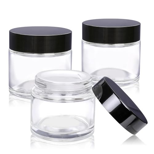 3 Pack Clear Small Glass Cosmetic Jars with Lids - 60 ml Empty Glass Makeup Containers for Sample, Cream, Lotion, Powder (2 OZ)