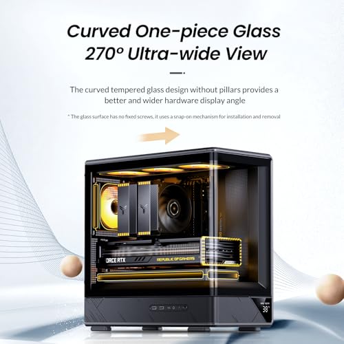 Image of JONSBO D200 Black Micto ATX PC Case,Digital Screen, One-Piece Curved Glass Desktop Design 270 Ultra-Wide View,ATX Power supply /Dual240 AIO,GPU<410mm,7 Fan Positions, Black