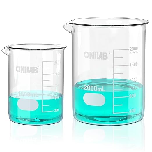 ONiLAB Scientific - Juego de vasos de precipitados de vidrio, 2 tamaños, 1000 ml, 2000 ml, 3.3 de borosilicato Griffin de forma baja con graduación impresa 13900246 - Amazon product rated Grade C