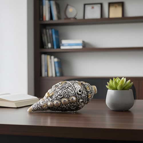 Image of 999 Pure Silver Plated & 24K Gold Plated Ganesh Shankh | Sacred 8 Inch Dual-Tone Conch Shell | Vastu Showpiece for Success & Wealth | Auspicious Pooja Gift
