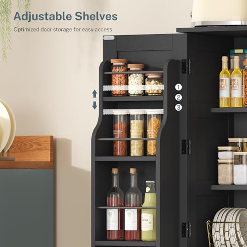 Image of TEENFON Storage Cabinet with 4 Doors, Kitchen Cabinet with 6 Door Shelves | Kitchen Pantry Cabinet with Adjustable Shelves, for Living Room, Dining Room, Bathroom, Black