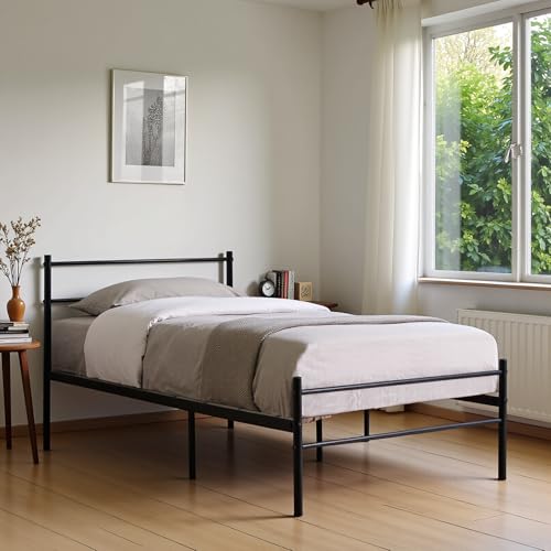 FetiNes Bettgestell Gästebett Metallbett | Modern Einzelbett Jugendbett Bettrahmen mit Lattenrost für Schlafzimmer Gästezimmer | 90x190 cm | Schwarz