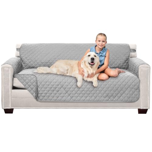 Sofa Shield Couch Slip Cover with Patented Strap, Cushion Protector, US Designed Reversible Stain and Dog Tear Resistant Slipcover, 70 inch Seat, Washable Covers for Dogs Pets, Light Gray