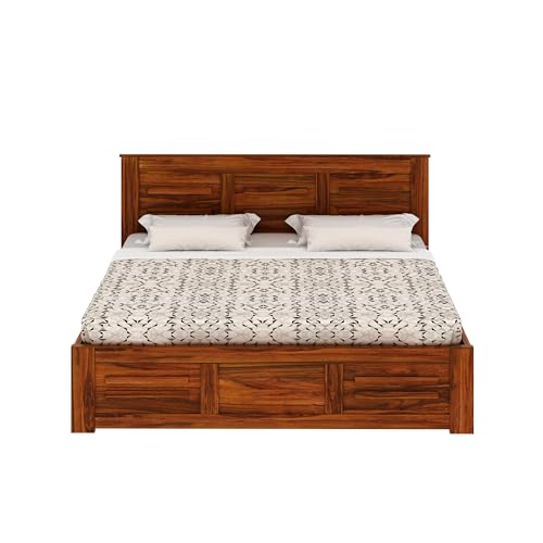 Image of Ganpati Arts Sheesham Wood Swiss King Size Bed with Box Storage | Wooden Double Bed Cot Palang Furniture for Bedroom, Living Room, Hotel, Home (Natural Finish)