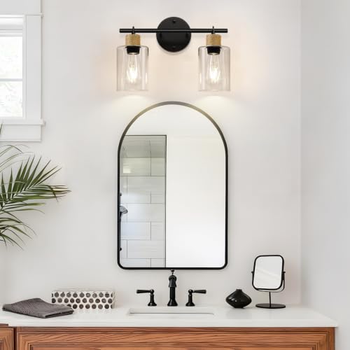 Image of MOKATNG Bathroom Light Fixtures, 2-Light Farmhouse Vanity Lights with Hemp Rope, Black Bathroom Wall Lamp for Mirror Kitchen Hallway Cabinet