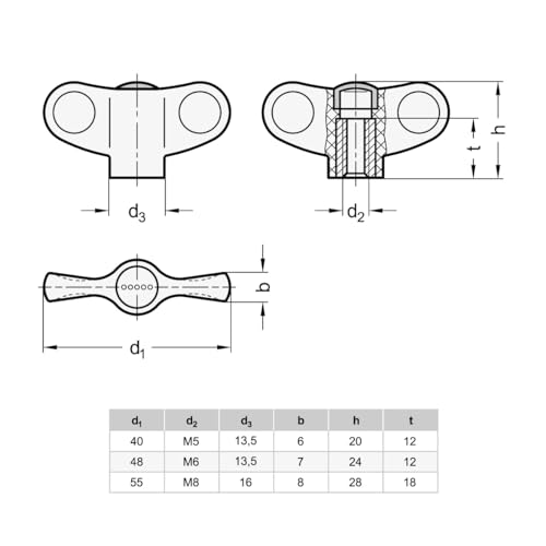 Ganter Normelemente | Flügelmutter GN 634-48-M6-E-DSG | 4 Stück | Flügelgriff | schwarz Kunststoff | Schraube Stahl M6