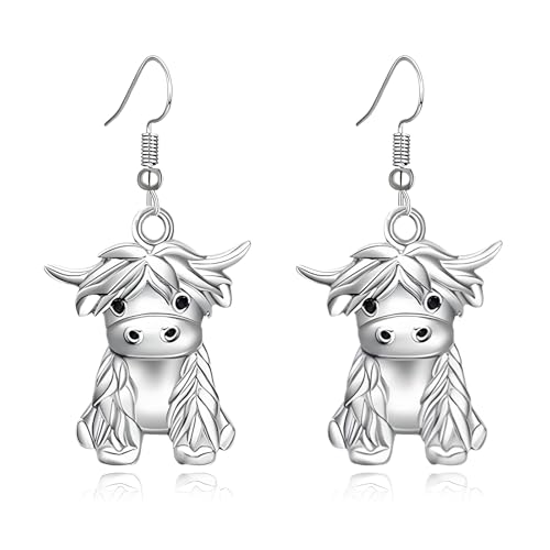 MALOYANVE Highland Cow Earrings for Women Silver with Rose Gold Accents Charming Animal Jewelry for Daily Wear Haired Cow Design Unique Idea for Holiday Gifts (Many Hairs)