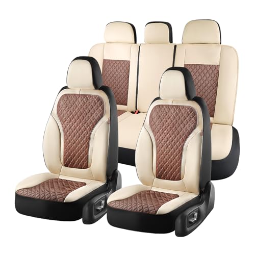 Image of Coverado Car Seat Covers Full Set, Beige Brown Car Seat Covers, Luxury Diamond Leather Car Seat Cover with Carbon Fiber Weave, Spill-Proof Seat Cushions, Automotive Seat Cover Universal Fit Most Cars