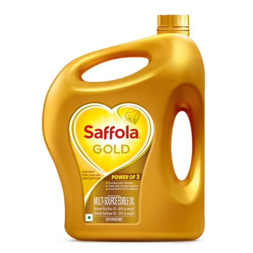 Image of Saffola Gold Refined Cooking oil | Power of 3 - Balance of Good Fats, Triple Anti-Oxidant System & Fortified with Vitamins | Multi-Source Edible Rice Bran & Sunflower Oil | 2 Litre Jar /1.82 Litre jar [weight may vary]