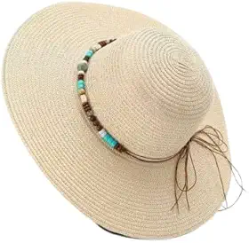 Chapéu de Praia Feminino Aba Larga, Palha Sintética Bege, com Adornos Decorativos, Proteção Solar para Verão