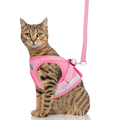 Cat Harnesses And Puppy Harness With Leashes Set, Escape Proof Cat Harness, Adjustable Reflective Soft Mesh Vest Fit Puppy Kitten Rabbit Ferrets's Outdoor Harness (Pink, S, Chest: 9" - 11") #TOP1
