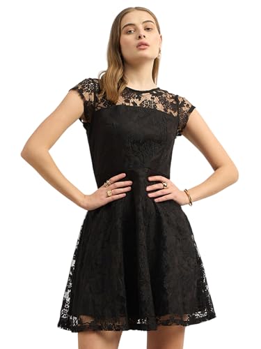 Image of Miss Chase Women's Round Neck Sleeveless Floral Ruffled GatheKnee-Long Skater Dress