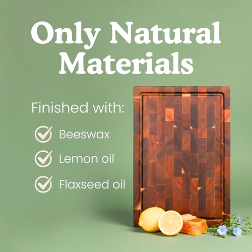 End Grain Butcher Block Cutting Board [1.5" Thick]. Made of Acacia Wood and Conditioned with Beeswax, Flaxseed Oil & Lemon Oil. 16" x 11" Chopping Board by Ziruma.