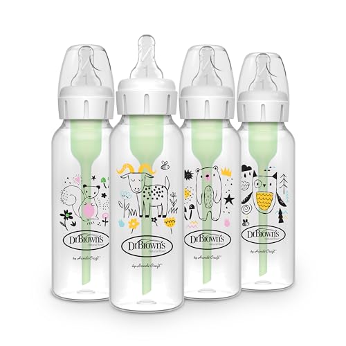 Image of Dr. Brown's Natural Flow Anti-Colic Options+ Narrow Baby Bottle, 8 oz/250 mL, with Level 1 Slow Flow Nipple, BPA Free, 0m+, Squirrel, Goat, Bear, Owl, 4-Pack