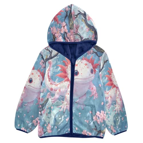 Kawaii Axolotl Cherry Blossoms Toddler Fleece Jacket Girl Boys Hooded Fleece Jacket Coat Warm Outwear Zip-up 3-10T