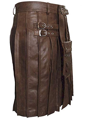 Mens Real Brown Leather Sexy Kilt Beautiful Pleated Utility Kilt with Sporran