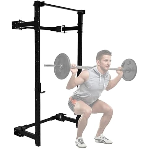 PRx Performance Wall Mounted Folding Power Squat Rack - Heavy Duty Adjustable Pull Up Bar, Space Saving Home Gym Equipment with Durable J-Cups, Ideal for Weight Lifting and Strength Training - Black Cover