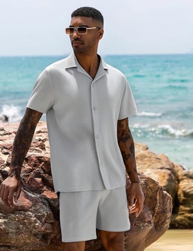 UOUA 2 Piece Short Sets for Men Summer Beach Outfits Stripe Texture Button Down Shirts & Shorts Casual Vacation Set4