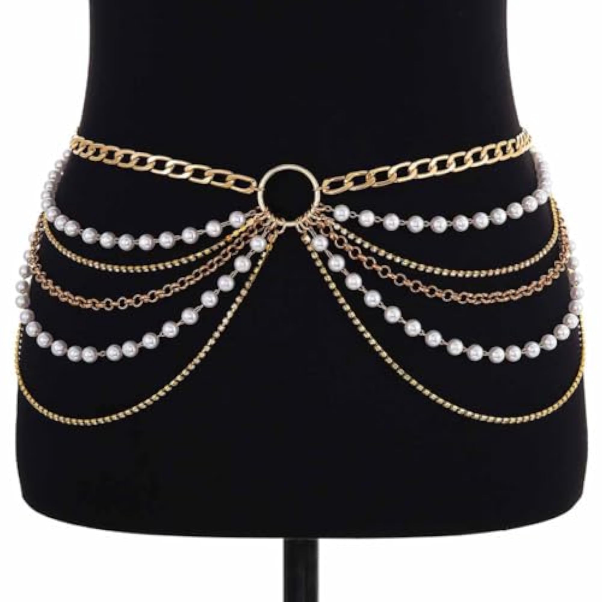 Women's Luxury Layered Pearl Waist Chain with Gold Beads