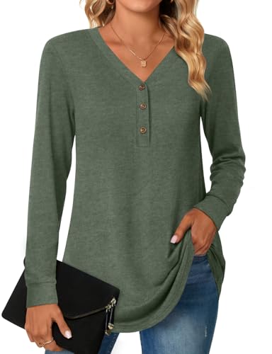 Aodemo Womens Plus Size Fall Long Sleeve Tunic Tops V Neck Henley Shirts Loose Fit Blouses Winter Sweaters 2XL, Olive Green