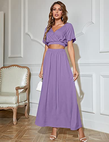 Merokeety Women's Summer Two Piece Outfits V Neck Puff Sleeve Crop Top And Flowy Maxi Skirt Set,Purple,Xl #TOP6