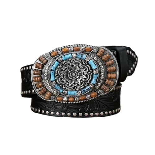 Ceinture western femme turquoise 3,8 cm boucle perles sangle fleurs