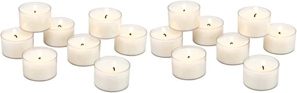 Stonebriar Bulk 96 Pack Unscented Smokeless Long Burning Clear Cup Tea Light Candles, White & Bulk 48 Pack Unscented Smokeless Long Clear Cup Tea Light Candles, 48 Count