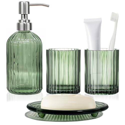 IBOCDWAMA 4-teiliges Grün Badezimmer Zubehör Set, Badaccessoires Organizer: Seifenspender, Zahnbürstenhalter, Becher, Seifenschale, Moderne Seifenspender Zahnputzbecher Set für Bad, Waschbecken