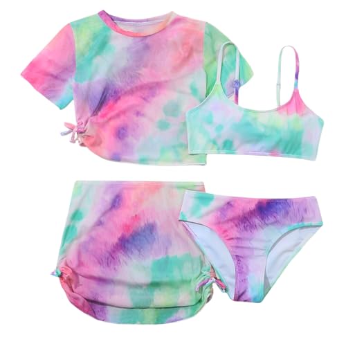 Girls Swimsuit 4 Piece Bathing Suits Tie Die Bikini Set Kids Girls' Swimwear with Cover Up Skirt for 6-14Y