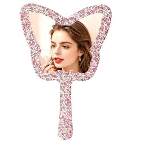 Frinnovan Large Rhinestone Handheld Mirror Heart Bling Glitter Cosmetic Dazzling Portable Hand Mirrors with Handle for Women Wedding Silver White (Butterfly-Pink)